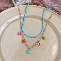 Bohemian Colored Rice Beads Flower Pendant Necklace