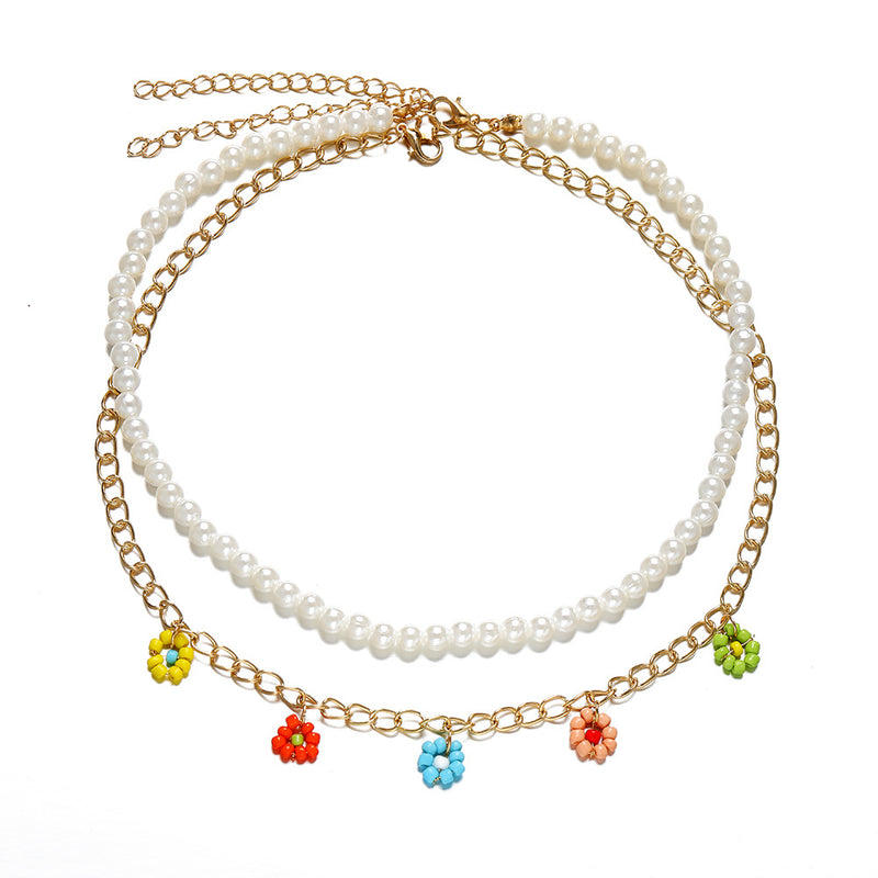 Bohemian Colored Rice Beads Flower Pendant Necklace