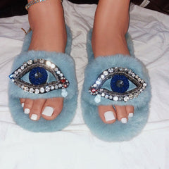 Demon Eye Faux Fur Velvet Slippers