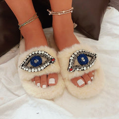 Demon Eye Faux Fur Velvet Slippers