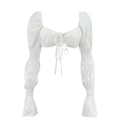Women's Solid Color Trumpet Sleeve Lace-up Crop Top
