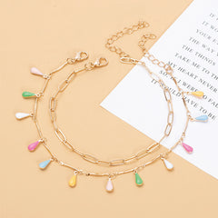 Colorful Drop Shaped Pendant Anklet Set in Gold