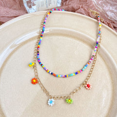 Bohemian Colored Rice Beads Flower Pendant Necklace