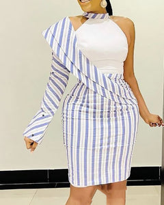 Blue Striped Asymmetric Long Sleeve Tight Skirt