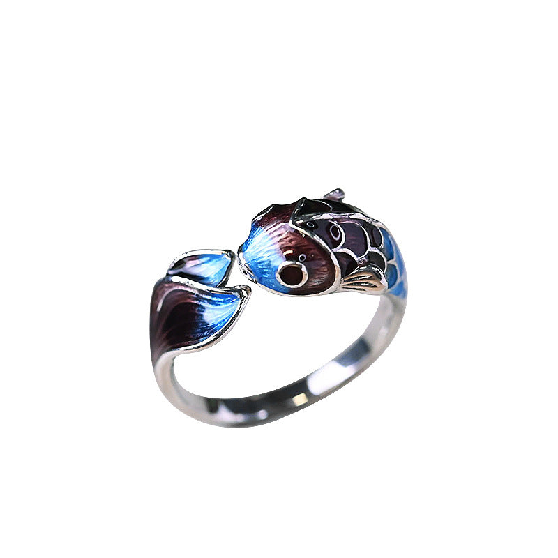 Retro Ethnic Style Burnt Blue Enamel Handmade Ring
