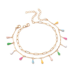 Colorful Drop Shaped Pendant Anklet Set in Gold