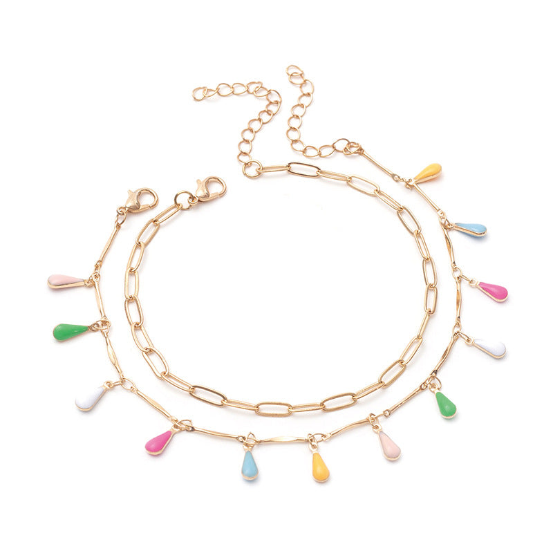 Colorful Drop Shaped Pendant Anklet Set in Gold